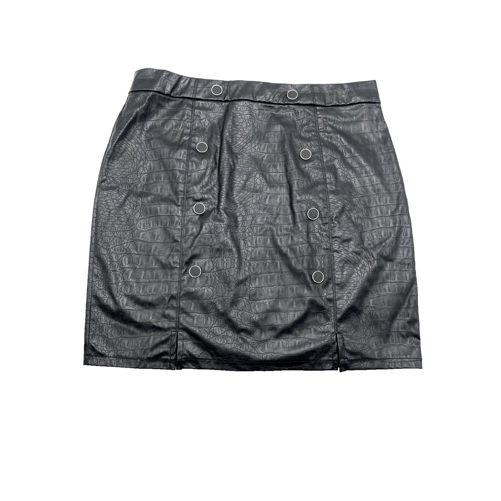Chocolate USA Faux Leather Croc Embossed Mini Skirt L Black Ring Detail New